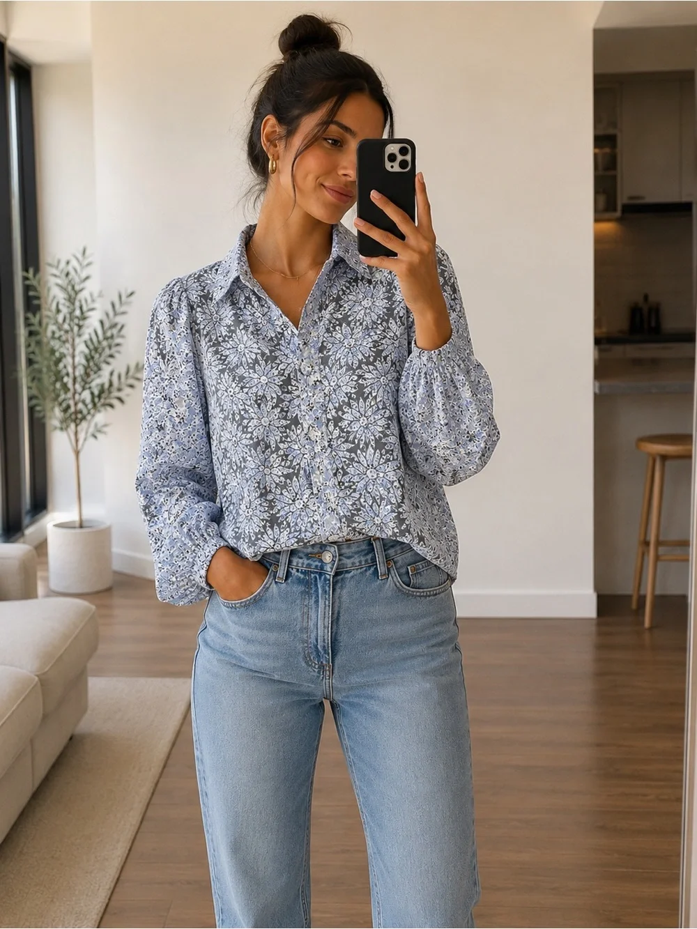 Zara Floral Organza Puff Sleeve Cropped Blouse XS Sheer Button Down Romantic Top